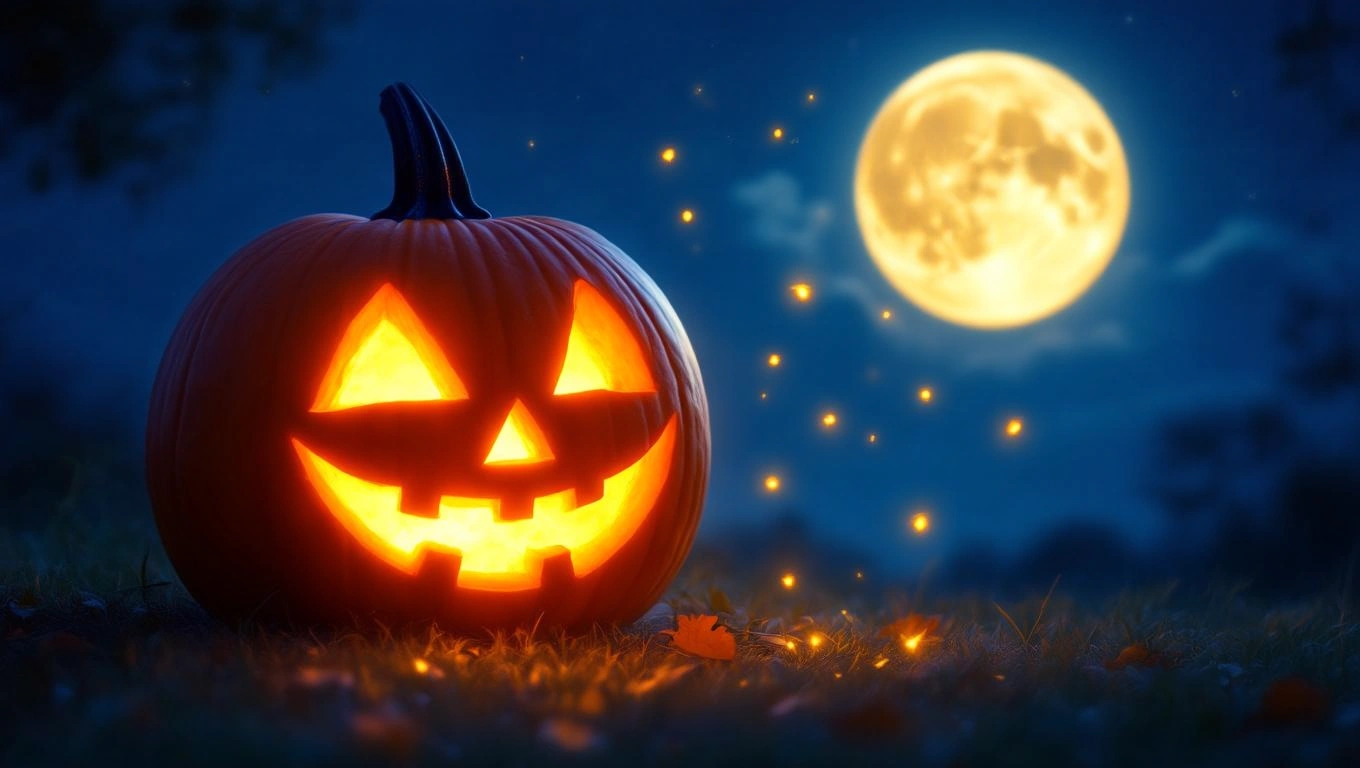 Mit jelent tökfaragásról álmodni? – Részletes álomfejtés és értelmezés Egy világító tök áll a fűben, mögötte telihold és csillagok ragyognak.