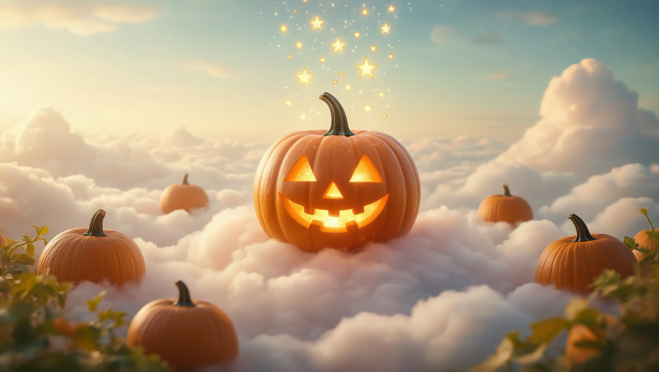 Mit jelent tökfaragásról álmodni? – Részletes álomfejtés és értelmezés Egy mosolygós tök világít a felhők között, varázslatos őszi hangulatban.