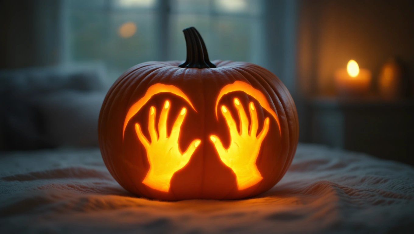 Mit jelent tökfaragásról álmodni? – Részletes álomfejtés és értelmezés Egy világító tök, amelyen két kéz formájú kivágás látható, sötét háttérben.