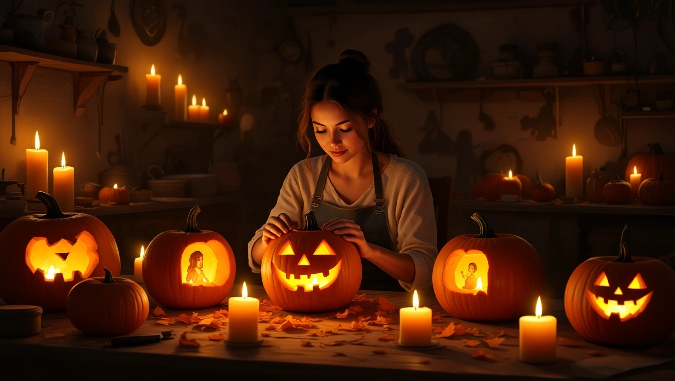 Mit jelent tökfaragásról álmodni? – Részletes álomfejtés és értelmezés Egy fiatal nő tököt farag, körülötte világító gyertyák és faragott tökök.