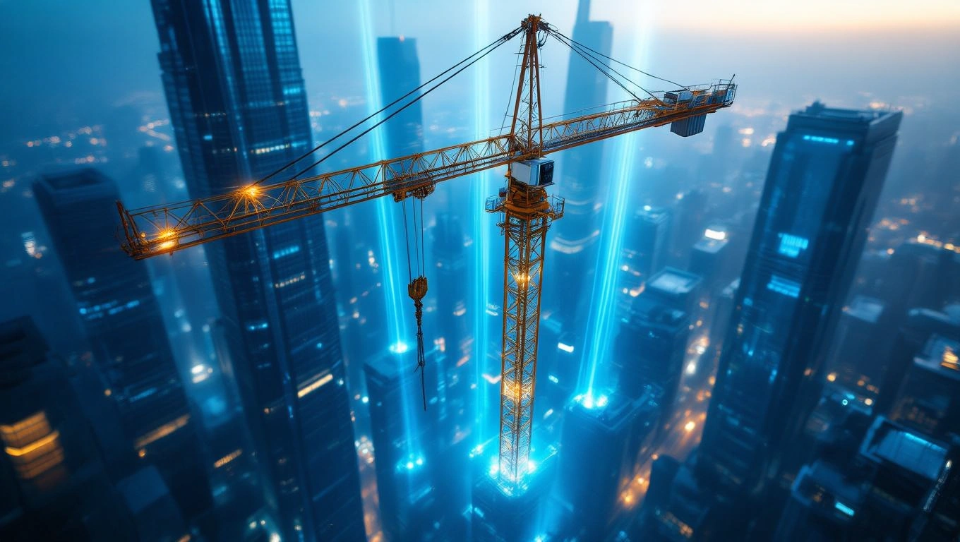 Mit jelent toronydaruval álmodni? – Részletes álomfejtés és értelmezés Egy toronydaru áll egy modern város felett, éjszakai fényekkel körülvéve.