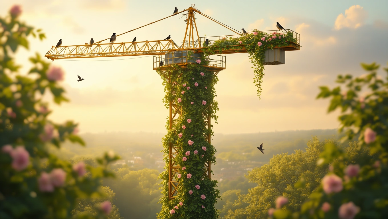 Mit jelent toronydaruval álmodni? – Részletes álomfejtés és értelmezés Egy toronydaru virágokkal borítva, madarak ülnek rajta, naplementében.