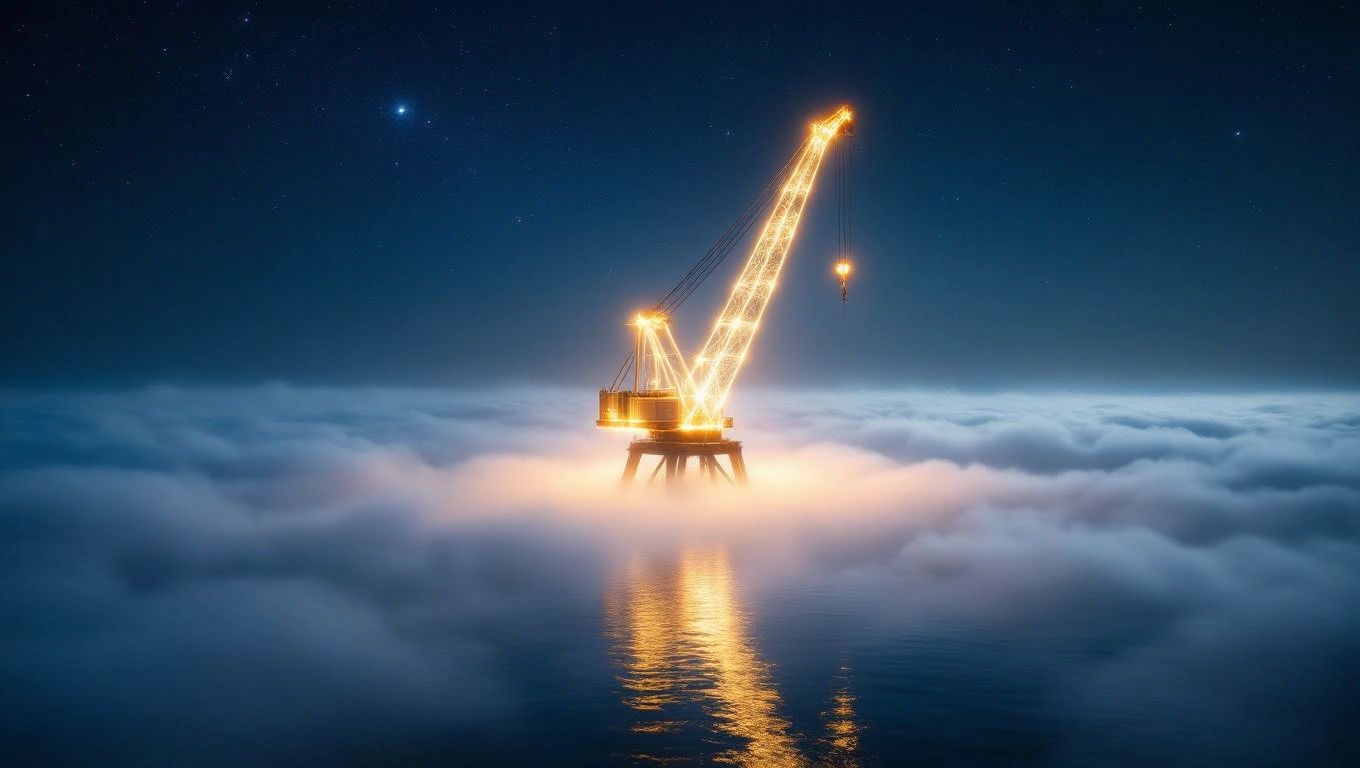 Mit jelent toronydaruval álmodni? – Részletes álomfejtés és értelmezés Egy toronydaru áll a ködben, csillagok alatt, víz tükrében.