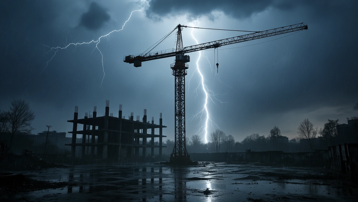 Mit jelent toronydaruval álmodni? – Részletes álomfejtés és értelmezés Egy toronydaru áll egy építkezésen, sötét felhők és villámok között.