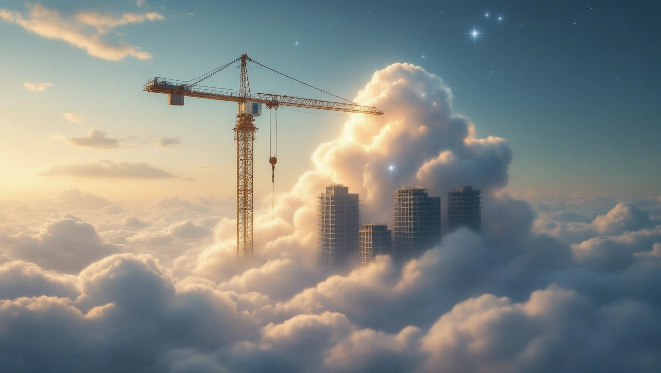 Mit jelent toronydaruval álmodni? – Részletes álomfejtés és értelmezés Egy toronydaru áll felhők felett, új épületek körülvéve.
