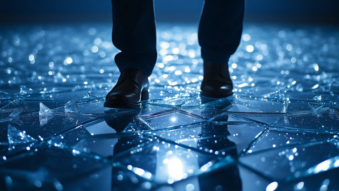 Mit jelent törött üvegről álmodni? – Részletes álomfejtés és értelmezés Egy ember lépdel törött üvegszilánkokon, a háttér sötét és fényes.