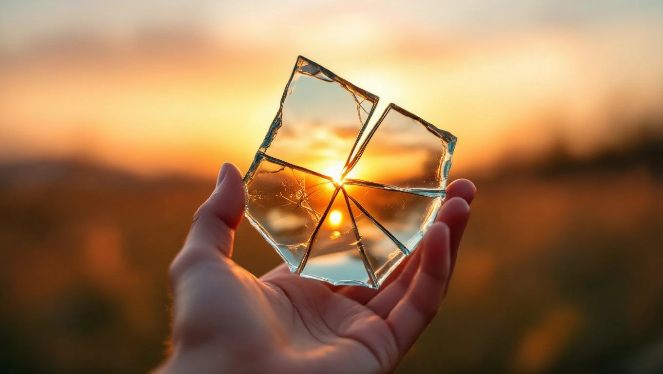 Mit jelent törött üvegről álmodni? – Részletes álomfejtés és értelmezés Egy kézben tartott törött üvegdarab, amelyen a napfény tükröződik.