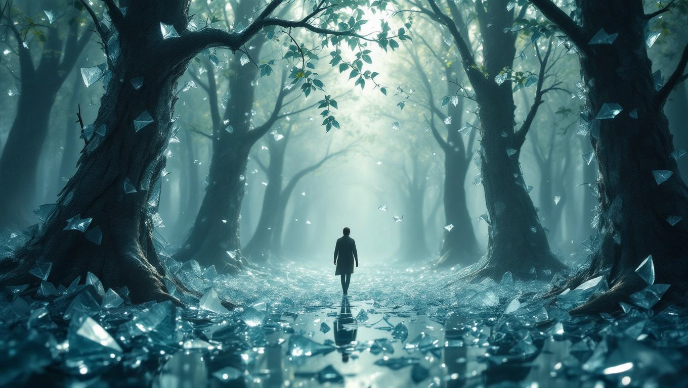 Egy ember áll a törött üvegekkel borított erdőben, sebezhetőséget szimbolizálva.