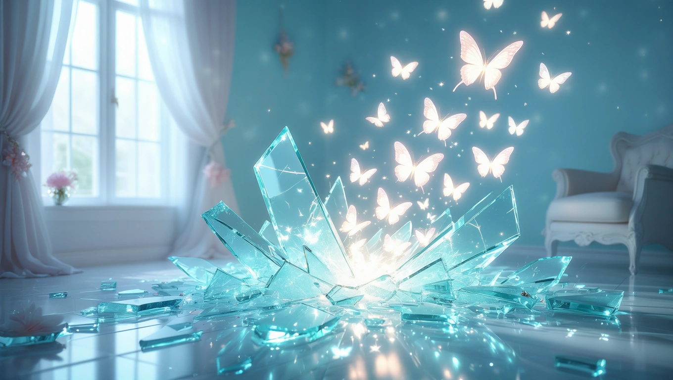 Mit jelent törött üvegről álmodni? – Részletes álomfejtés és értelmezés Törött üveg darabok, amelyekből pillangók szállnak fel egy világos szobában.