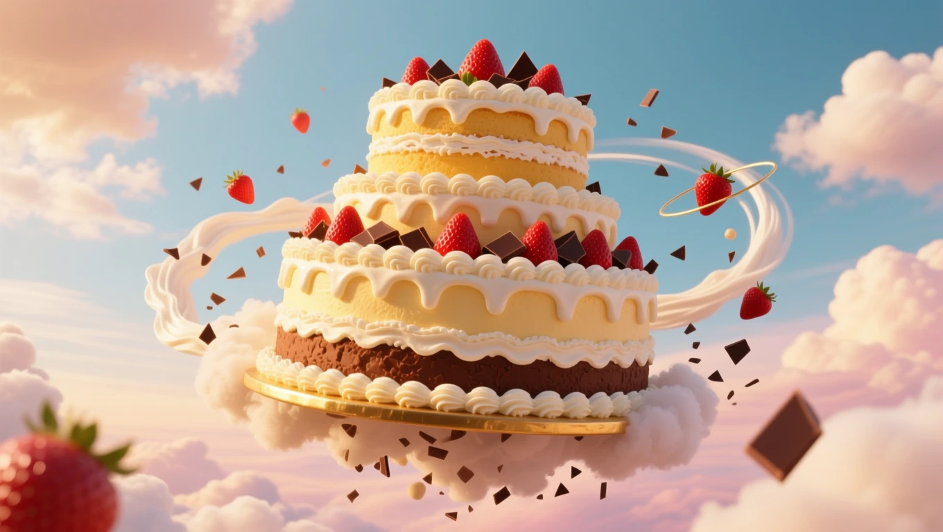 Egy háromszintes torta, eperrel és csokoládéval díszítve, felhők között lebeg.