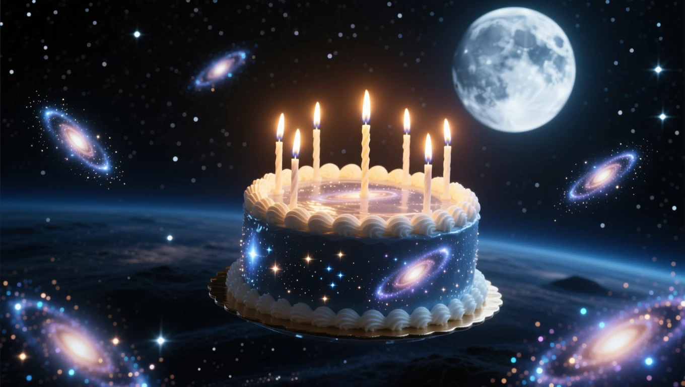 Mit jelent tortáról álmodni? – Részletes álomfejtés és értelmezés Egy űrbeli torta, gyertyákkal, csillagokkal és galaxisokkal körülvéve.