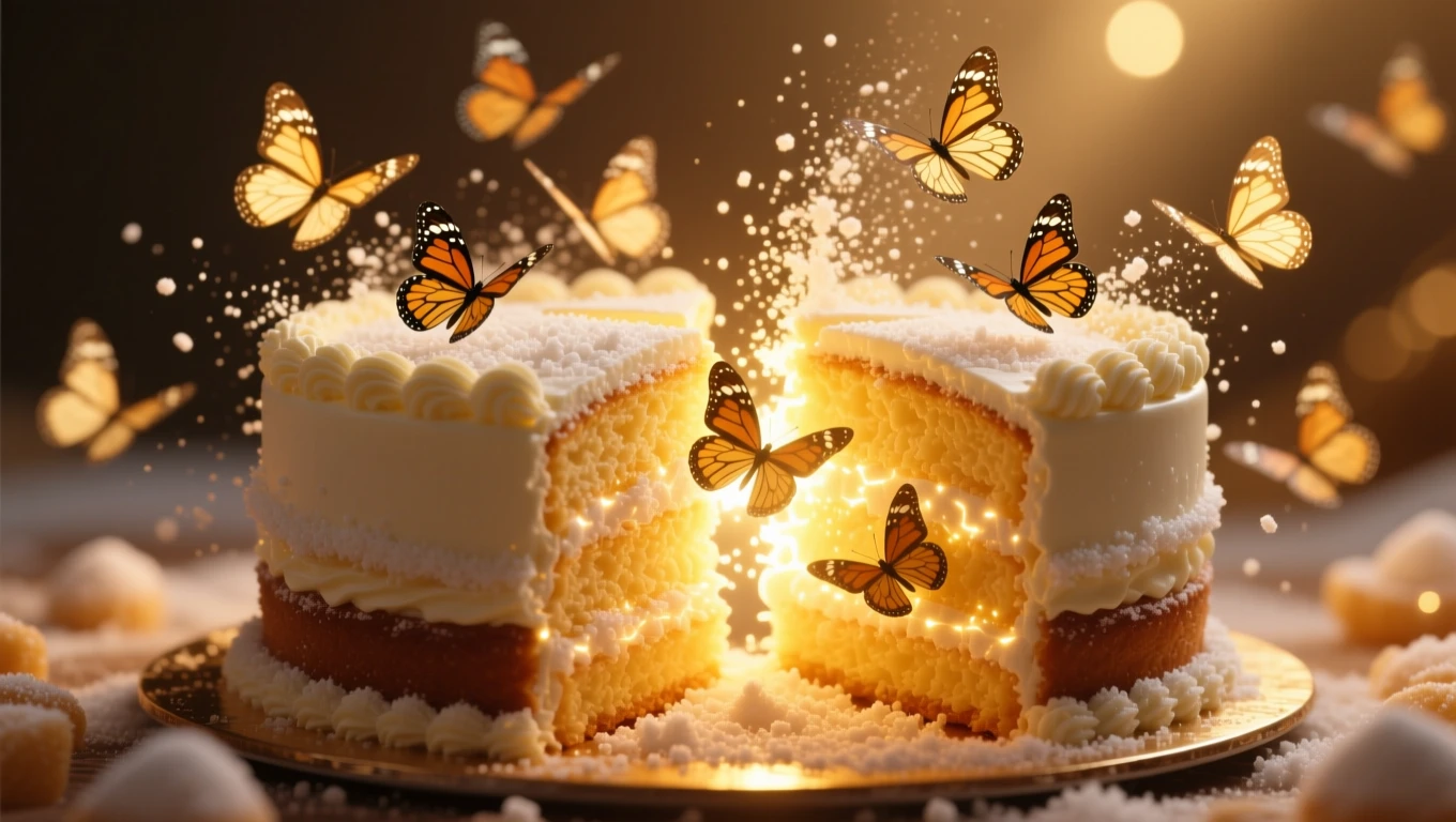 Mit jelent tortáról álmodni? – Részletes álomfejtés és értelmezés Két rétegű torta, körülötte pillangók és csillogó cukorral díszítve.