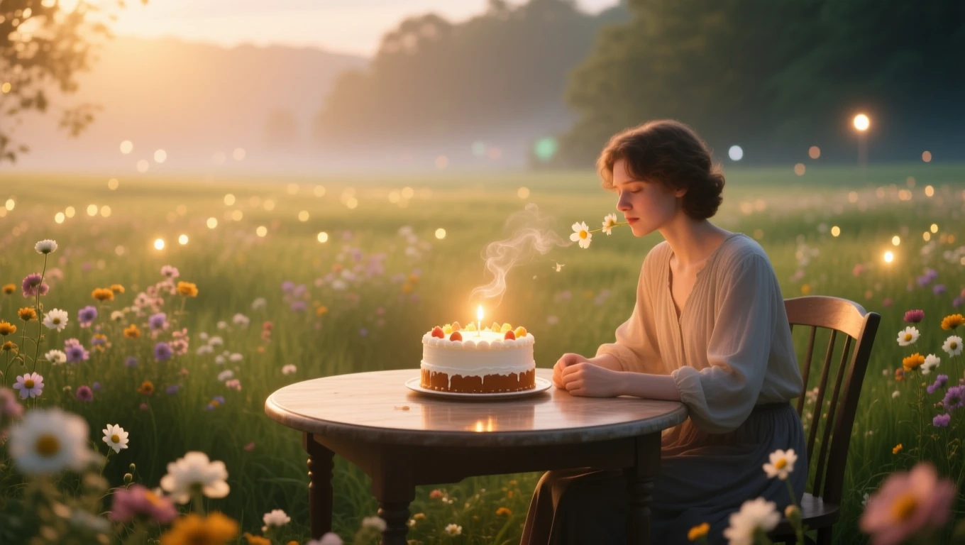 Mit jelent tortáról álmodni? – Részletes álomfejtés és értelmezés Egy fiatal nő ül egy asztalnál, mellette torta gyertyákkal, virágos mezőben.