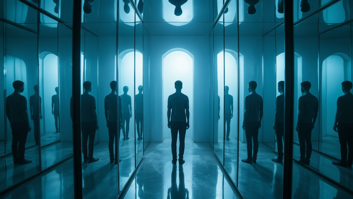 Egy férfi áll egy tükörrel borított helyiségben, amelyben több tükörkép látható.