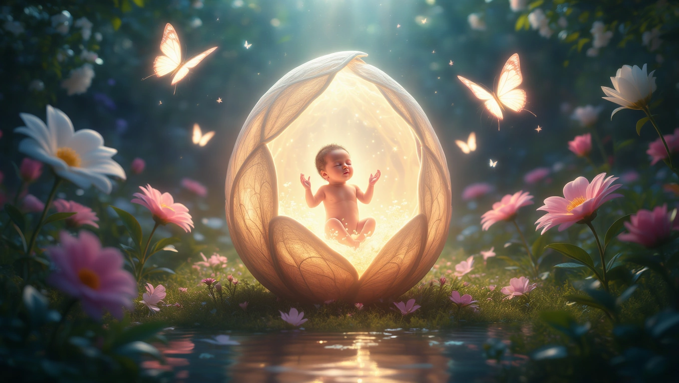 Mit jelent szüléssel álmodni? – Részletes álomfejtés és értelmezés Egy újszülött baba ül egy virágos tojásban, körülötte pillangók repkednek.