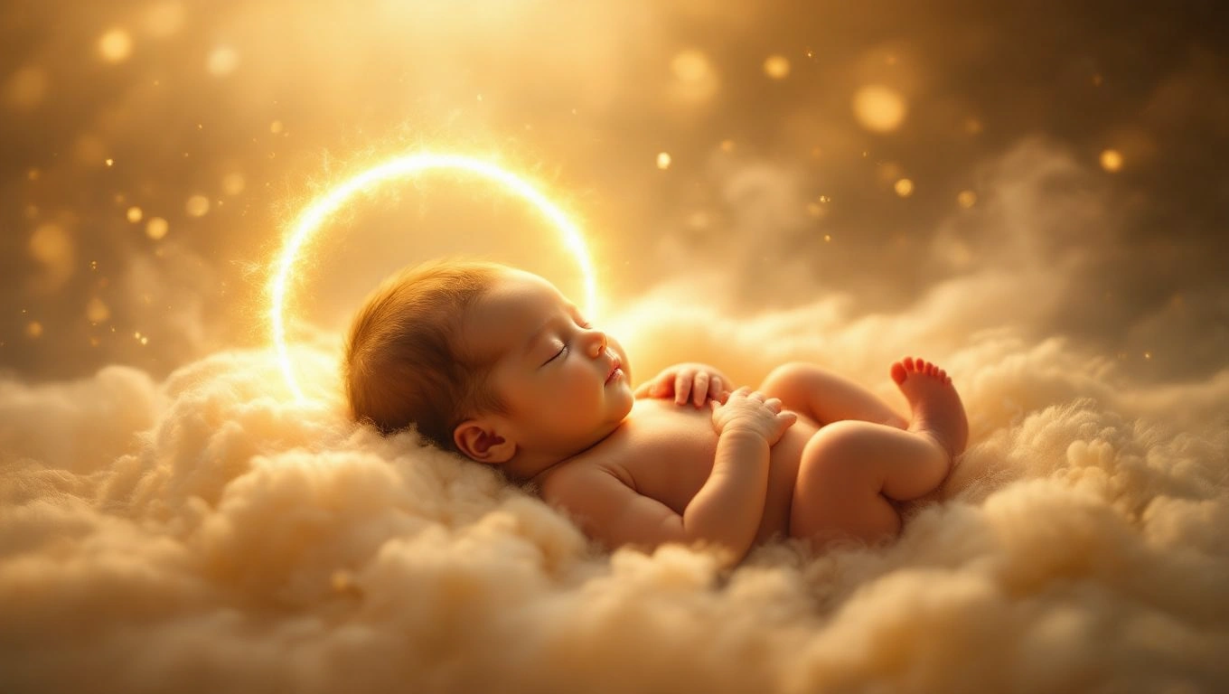 Mit jelent szüléssel álmodni? – Részletes álomfejtés és értelmezés Egy újszülött baba alszik puha felhők között, aranyfényben.