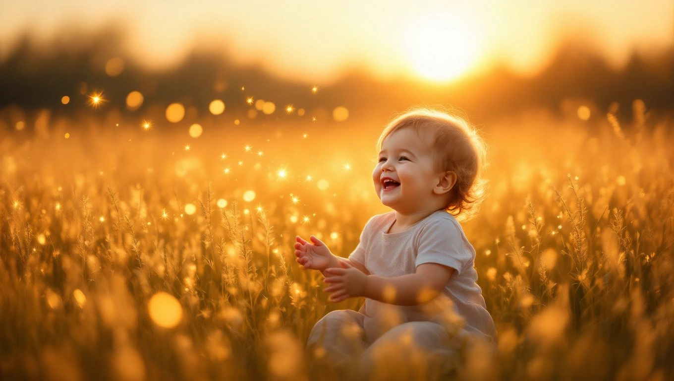 Egy boldog kisgyermek játszik egy napfényes mezőn, körülötte csillogó fények.