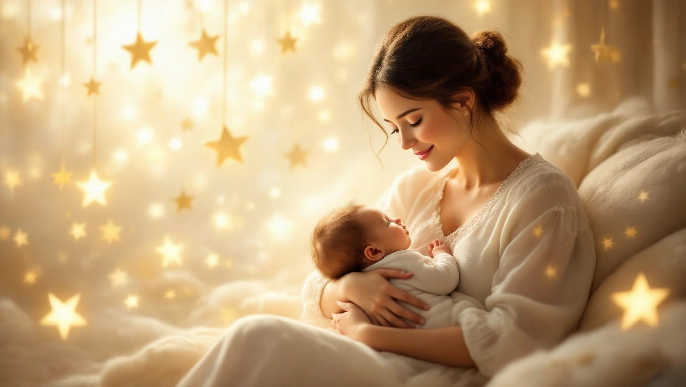 Mit jelent unokákkal álmodni? – Részletes álomfejtés és értelmezés Egy fiatal nő ölel egy kisbabát, háttérben csillagokkal.
