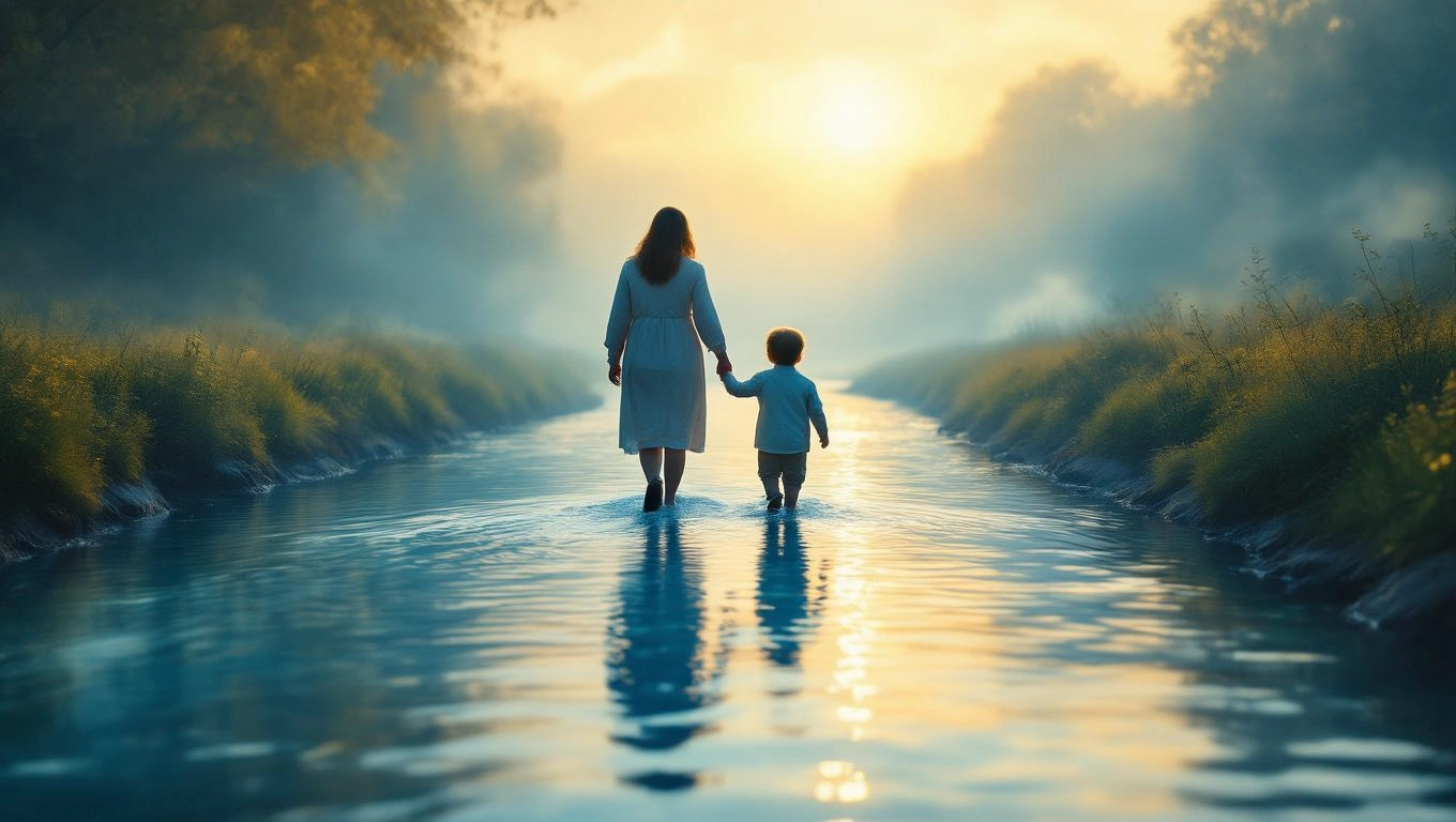 Mit jelent unokákkal álmodni? – Részletes álomfejtés és értelmezés Egy nő és egy kisfiú kézen fogva sétál egy vízparton, napfelkeltében.