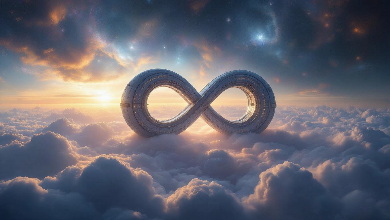 Mit jelent űrállomással álmodni? – Részletes álomfejtés és értelmezés Egy végtelen jel alakú űrállomás lebeg a felhők felett, csillagos ég alatt.