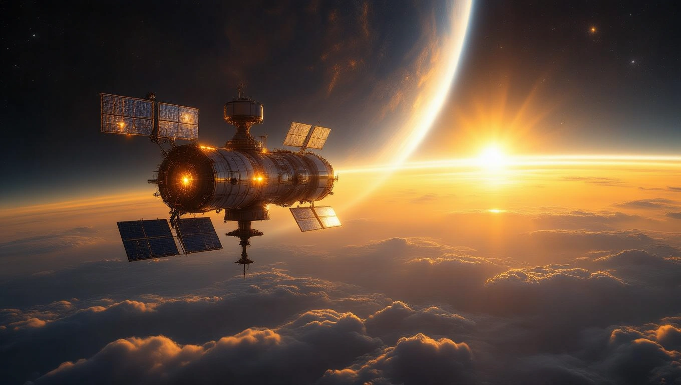 Mit jelent űrállomással álmodni? – Részletes álomfejtés és értelmezés Egy űrállomás lebeg a Föld légkörén kívül, napfelkeltével a háttérben.