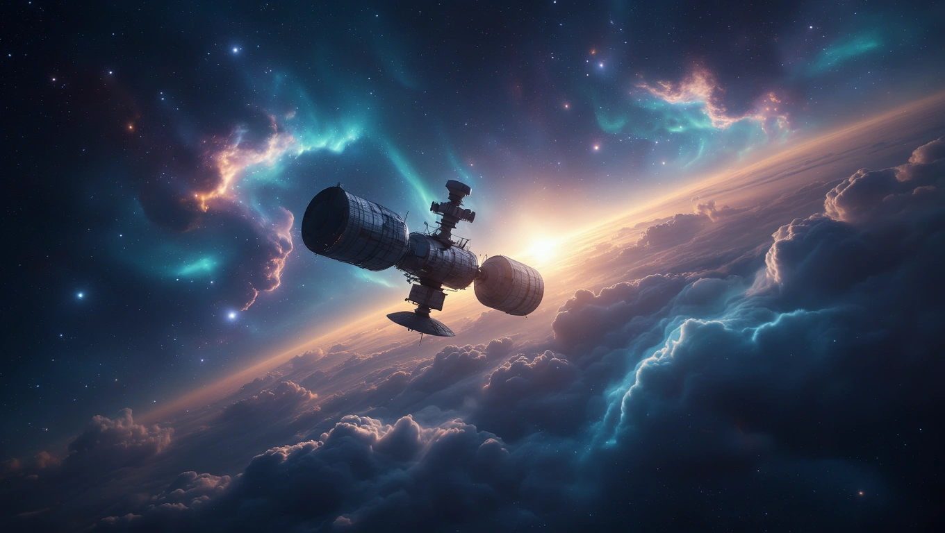 Mit jelent űrállomással álmodni? – Részletes álomfejtés és értelmezés Űrállomás lebeg a felhők felett, csillagokkal teli űrben.