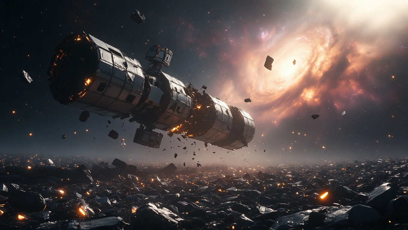 Mit jelent űrállomással álmodni? – Részletes álomfejtés és értelmezés Űrállomás lebeg a sötét űrben, körülötte csillagok és aszteroidák láthatók.