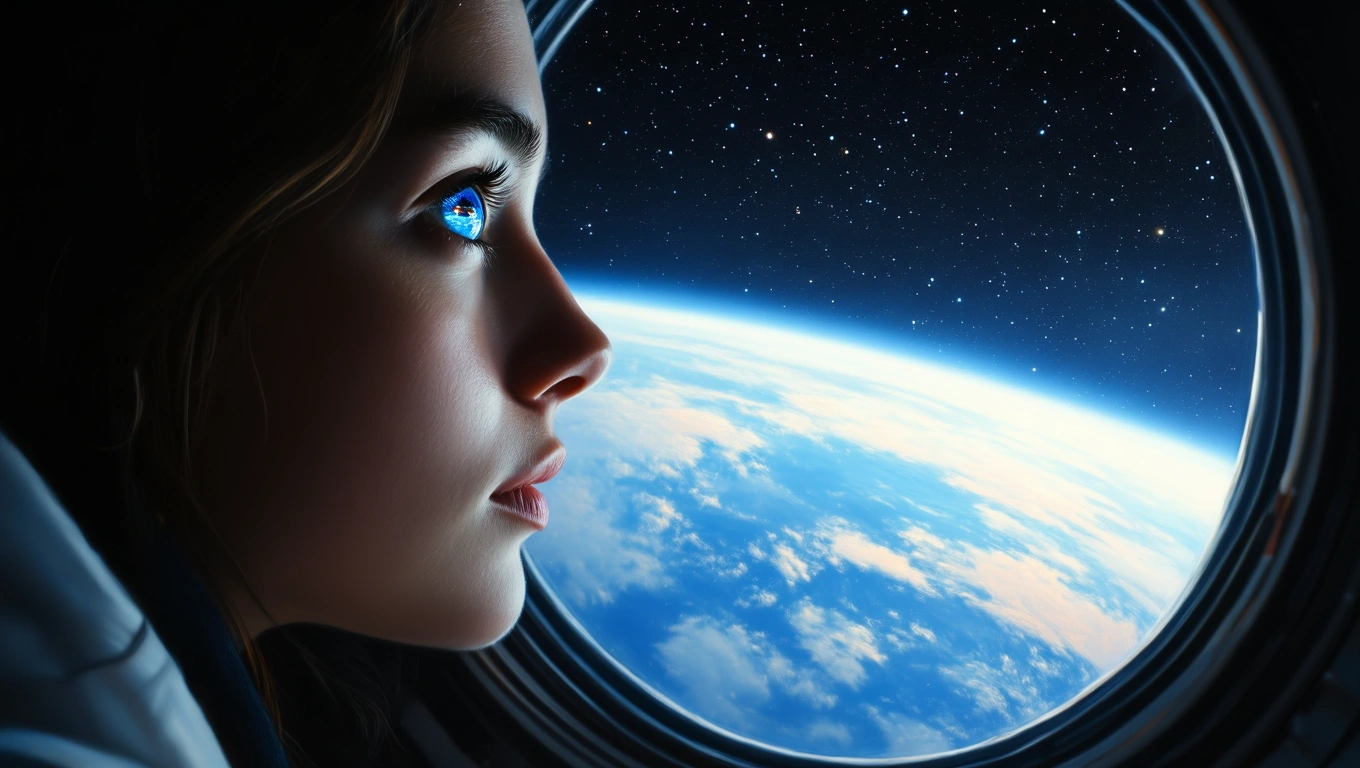 Mit jelent űrállomással álmodni? – Részletes álomfejtés és értelmezés Egy fiatal lány néz ki az űrállomás ablakán, a Földet figyelve.