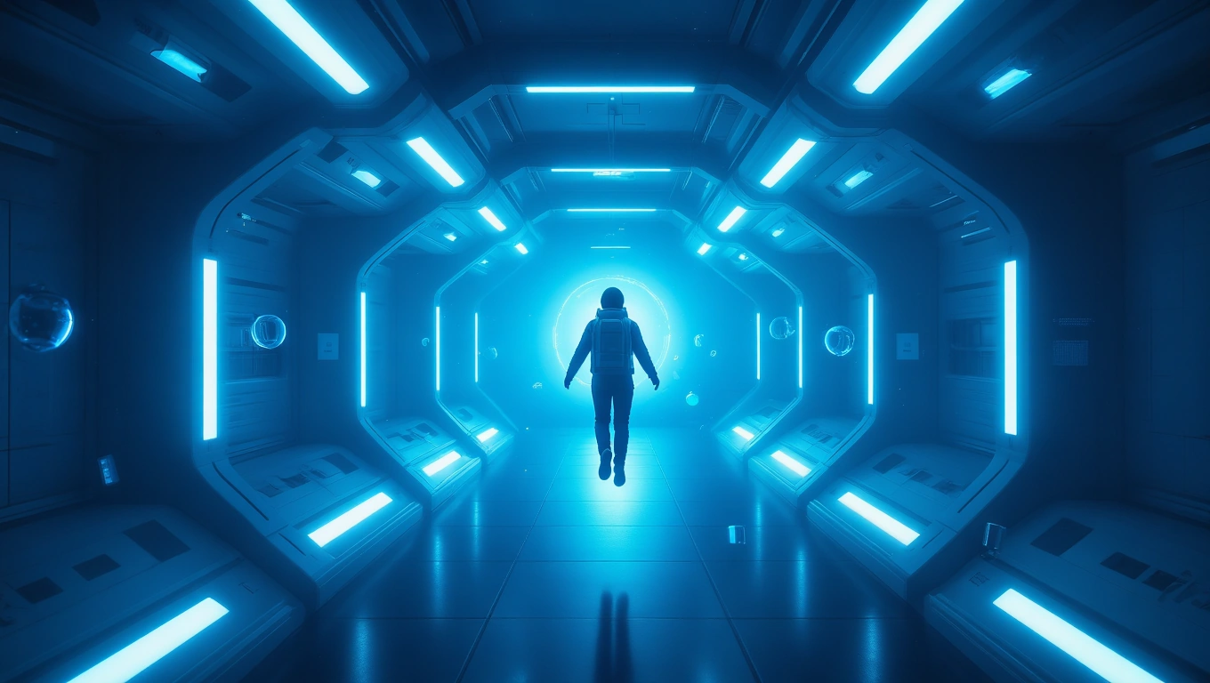 Mit jelent űrállomással álmodni? – Részletes álomfejtés és értelmezés Egy űrhajós lebeg egy futurisztikus űrállomás folyosóján, kék fények között.