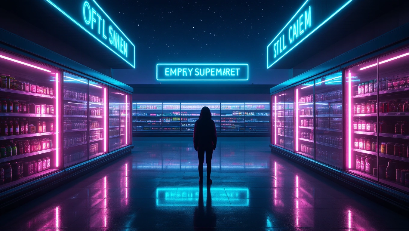 Mit jelent boltról álmodni? – Online álomfejtés és értelmezés Egy üres bolt belső tere, neonfényekkel és polcokkal, amelyek üresen állnak.