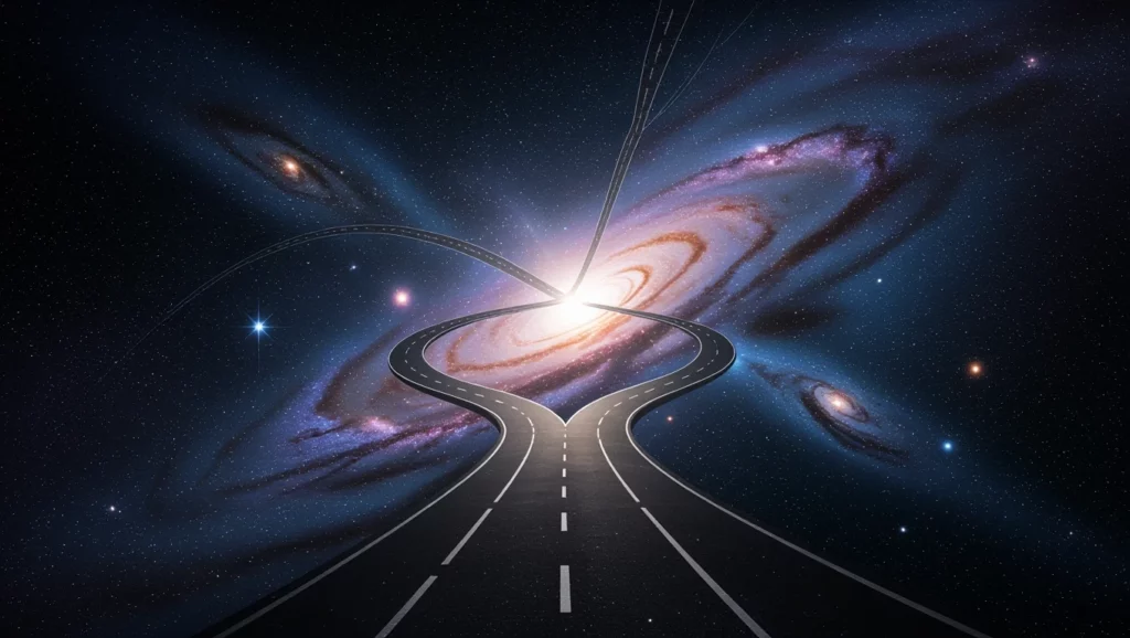 Mit jelent útkereszteződésről álmodni? – Részletes álomfejtés és értelmezés Egy galaxis közepén elágazó utak, szimbolizálva a döntési helyzeteket.
