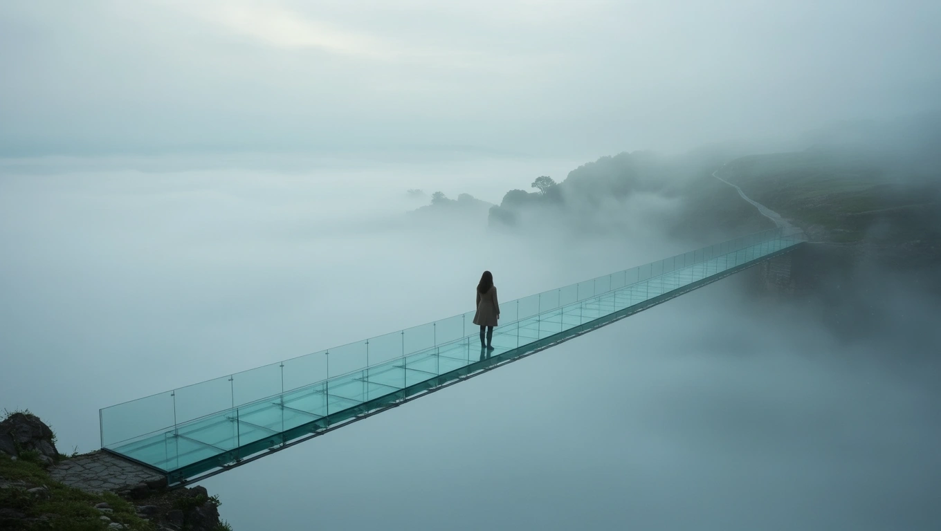 Mit jelent ha azt álmodom hogy a párom meghal? – Részletes álomfejtés és értelmezés Egy nő áll egy üveg hídként megjelenő ködös tájban, a halál szimbólumaként.