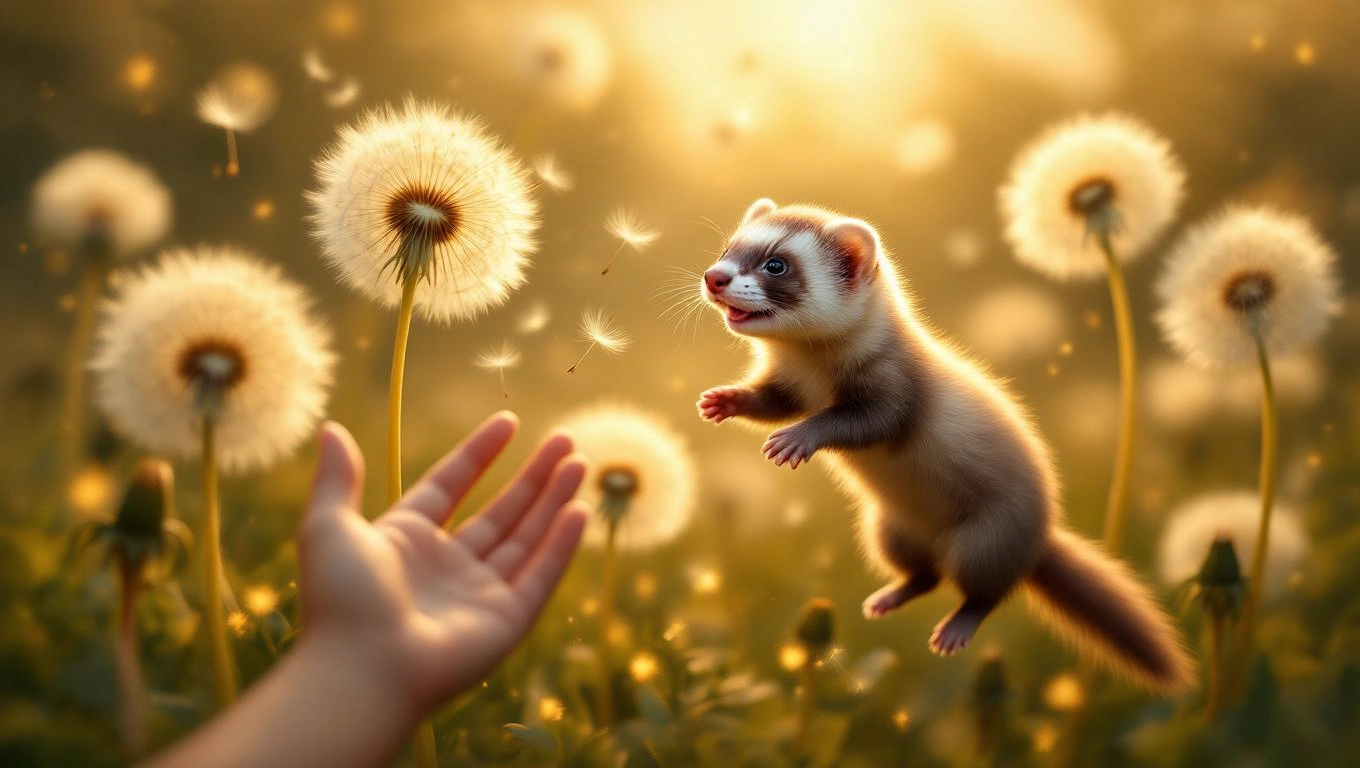 Mit jelent vadászgörénnyel álmodni? – Részletes álomfejtés és értelmezés Egy vadászgörény ugrik egy kéz felé, háttérben pitypangokkal.