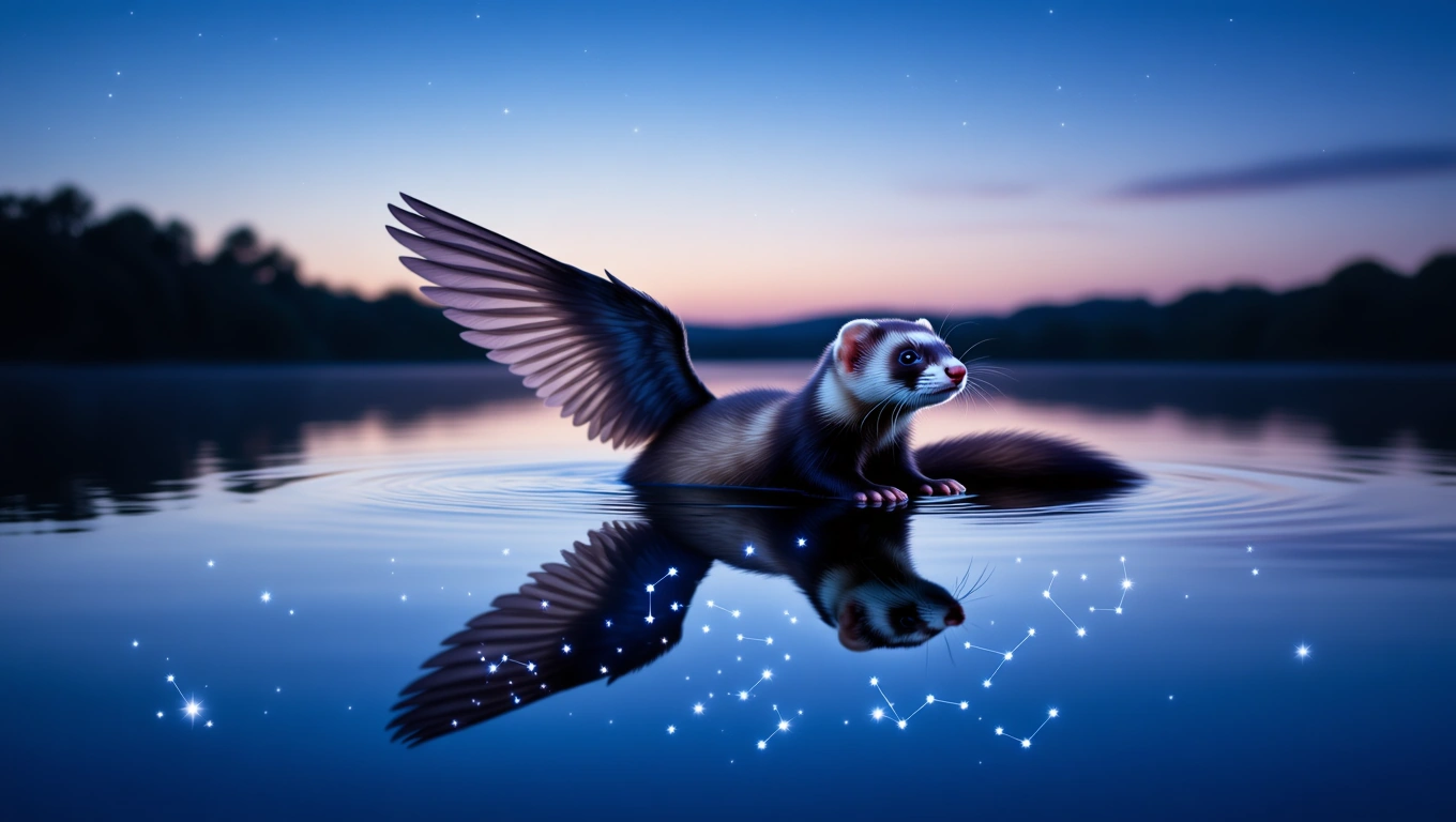 Mit jelent vadászgörénnyel álmodni? – Részletes álomfejtés és értelmezés Vadászgörény vízben, szárnyakkal, csillagokkal körülvéve.