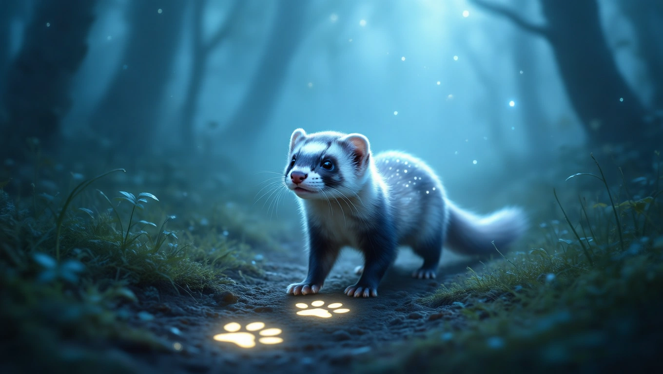 Egy vadászgörény sétál egy varázslatos, ködös erdőben, világító lábnyomokkal.