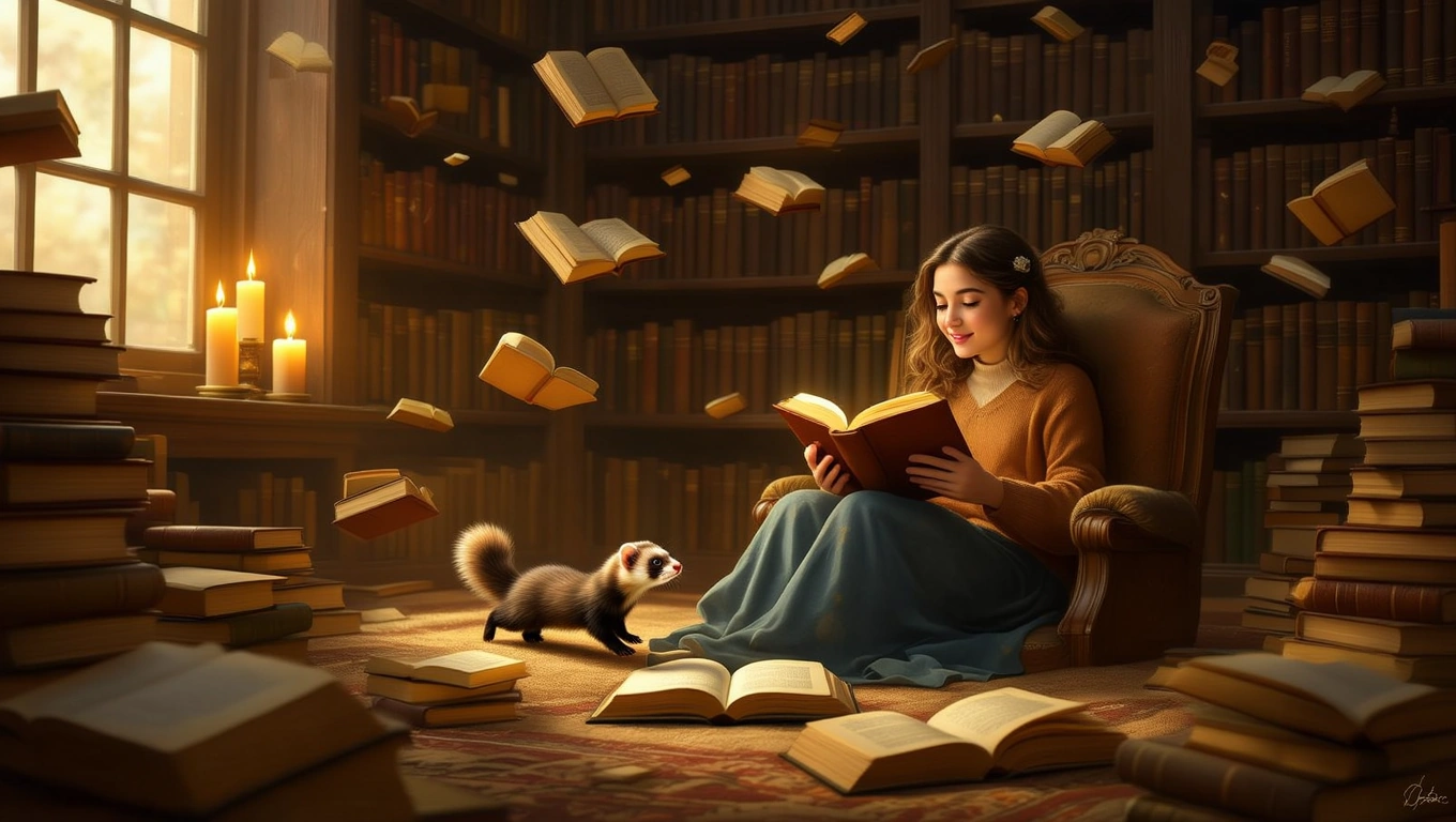 Mit jelent vadászgörénnyel álmodni? – Részletes álomfejtés és értelmezés Egy lány olvas egy könyvet, miközben egy vadászgörény sétál a lába mellett.