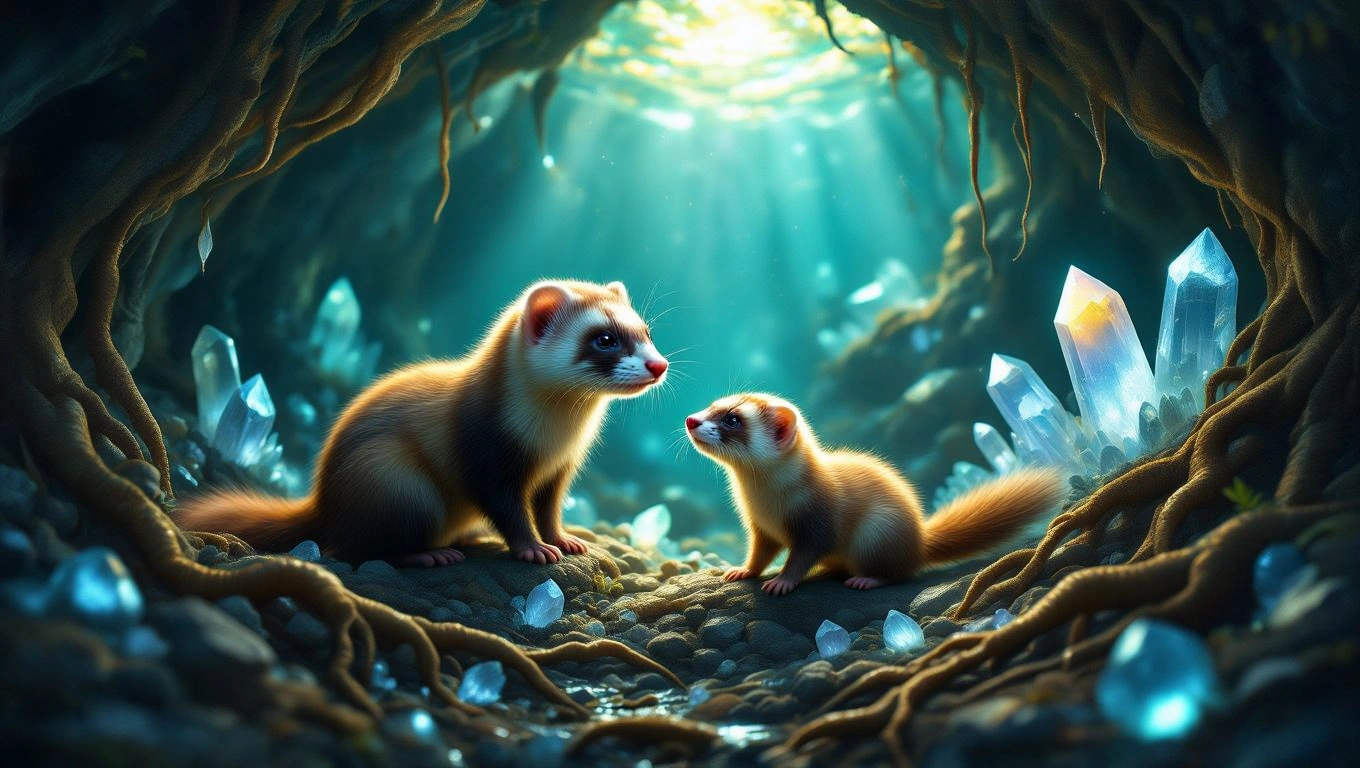 Mit jelent vadászgörénnyel álmodni? – Részletes álomfejtés és értelmezés Két vadászgörény egy barlangban, csillogó kristályok között.