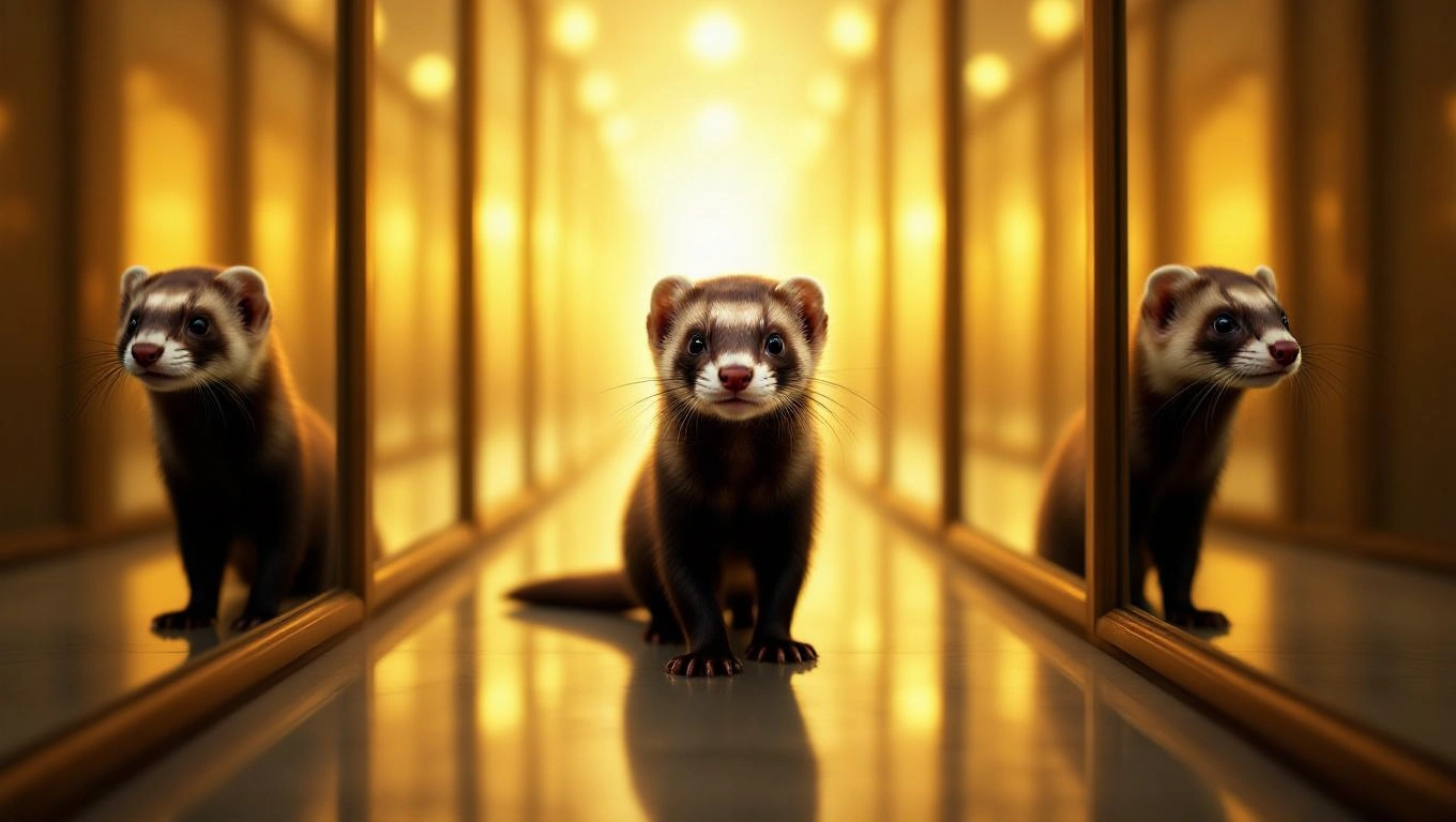 Mit jelent vadászgörénnyel álmodni? – Részletes álomfejtés és értelmezés Két vadászgörény egy aranyszínű háttér előtt, kíváncsian néznek a kamerába.