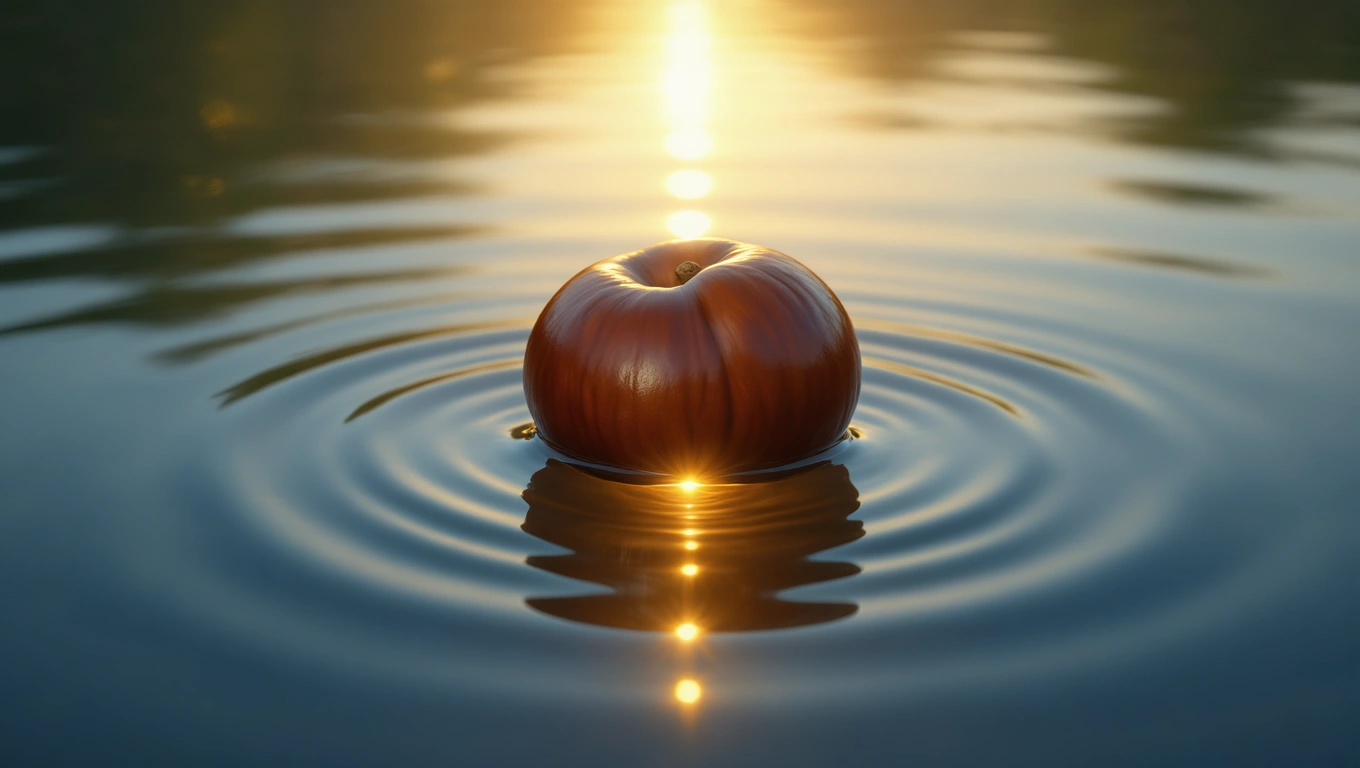 Mit jelent vadgesztenyéről álmodni? – Részletes álomfejtés és értelmezés Egy vadgesztenye lebeg a víz felszínén, körülötte gyönyörű fények és hullámok.