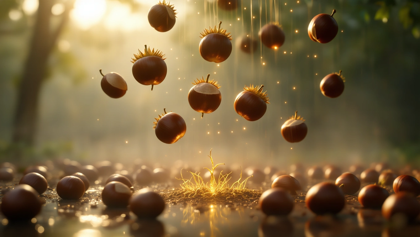 Mit jelent vadgesztenyéről álmodni? – Részletes álomfejtés és értelmezés Lebegő vadgesztenyék egy fénnyel megvilágított erdőben, földön szórva.