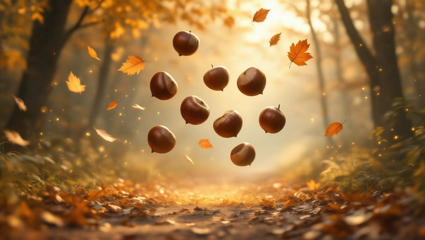 Mit jelent vadgesztenyéről álmodni? – Részletes álomfejtés és értelmezés Lebegő vadgesztenyék az őszi erdőben, aranyló levelek között.