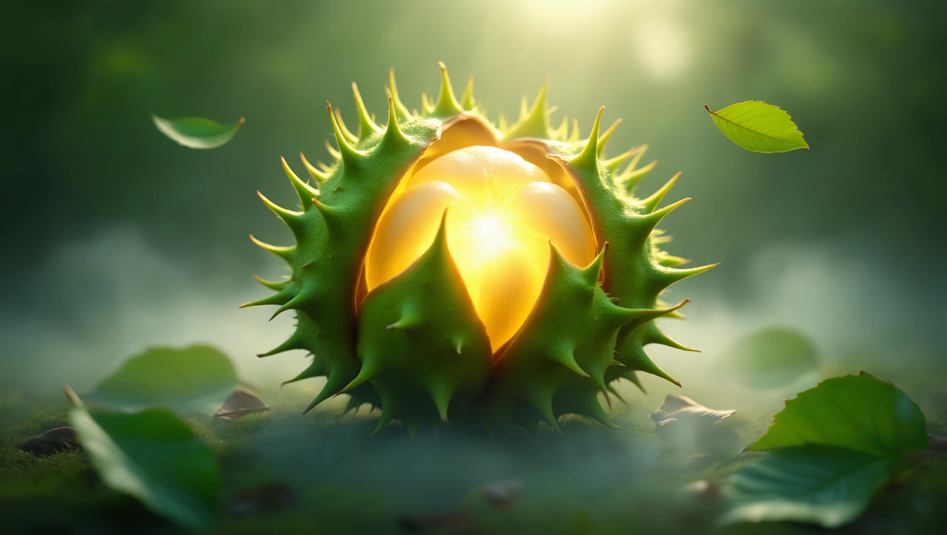 Mit jelent vadgesztenyéről álmodni? – Részletes álomfejtés és értelmezés Egy vadgesztenye héja, amelyből fény árad ki, zöld levelek között.