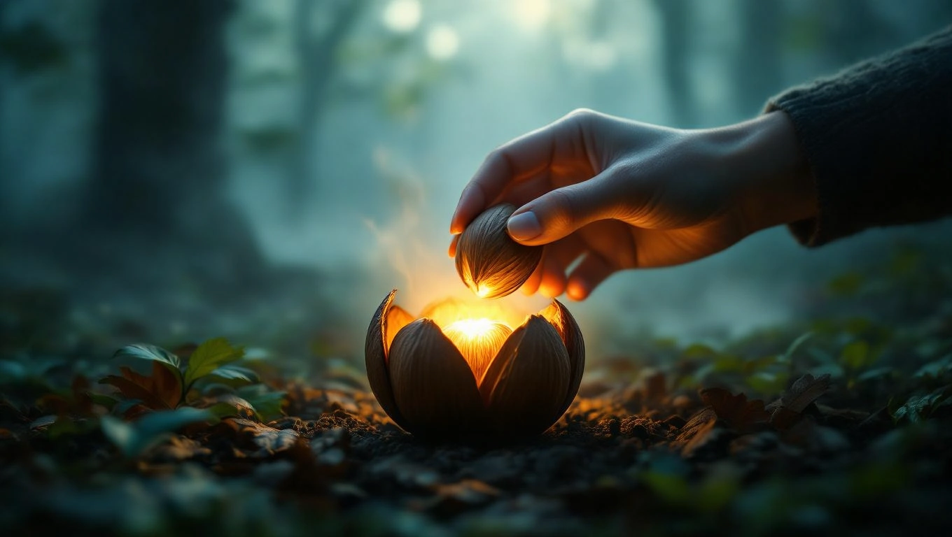 Mit jelent vadgesztenyéről álmodni? – Részletes álomfejtés és értelmezés Egy kéz vadgesztenyét emel egy fénylő, virág formájú tárgyból az erdőben.