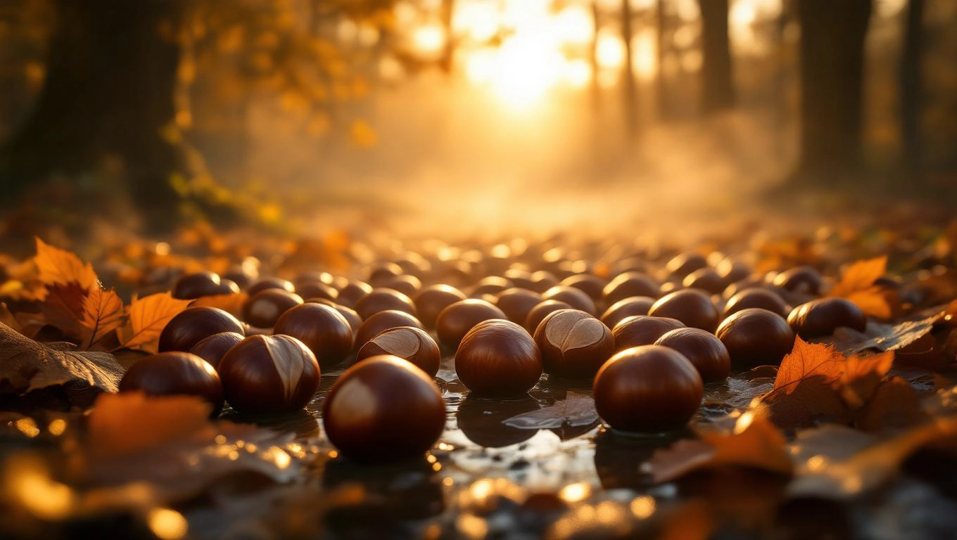 Mit jelent vadgesztenyéről álmodni? – Részletes álomfejtés és értelmezés Vadgesztenyék egy őszi erdőben, levelek között, napfényben.