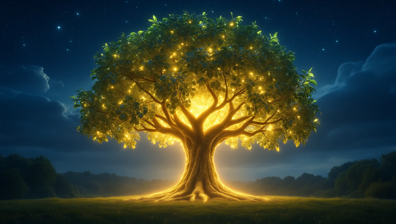 Mit jelent vadgesztenyéről álmodni? – Részletes álomfejtés és értelmezés Egy gyönyörű, világító vadgesztenyefa áll a sötét ég alatt.