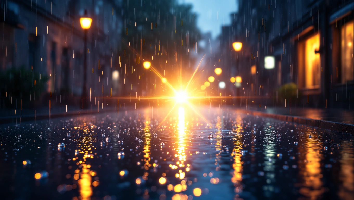 Mit jelent vakuval álmodni? – Részletes álomfejtés és értelmezés Egy esős utcán a fényképezőgép vakuja világít, vízcseppek csillognak.