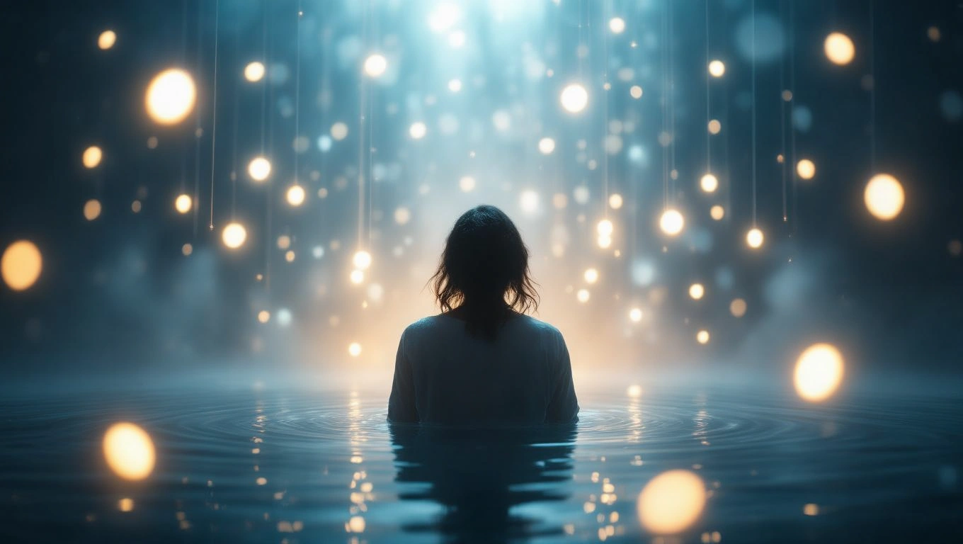 Mit jelent vakuval álmodni? – Részletes álomfejtés és értelmezés Egy személy áll a vízben, háttal a kamerának, fények és köd között.