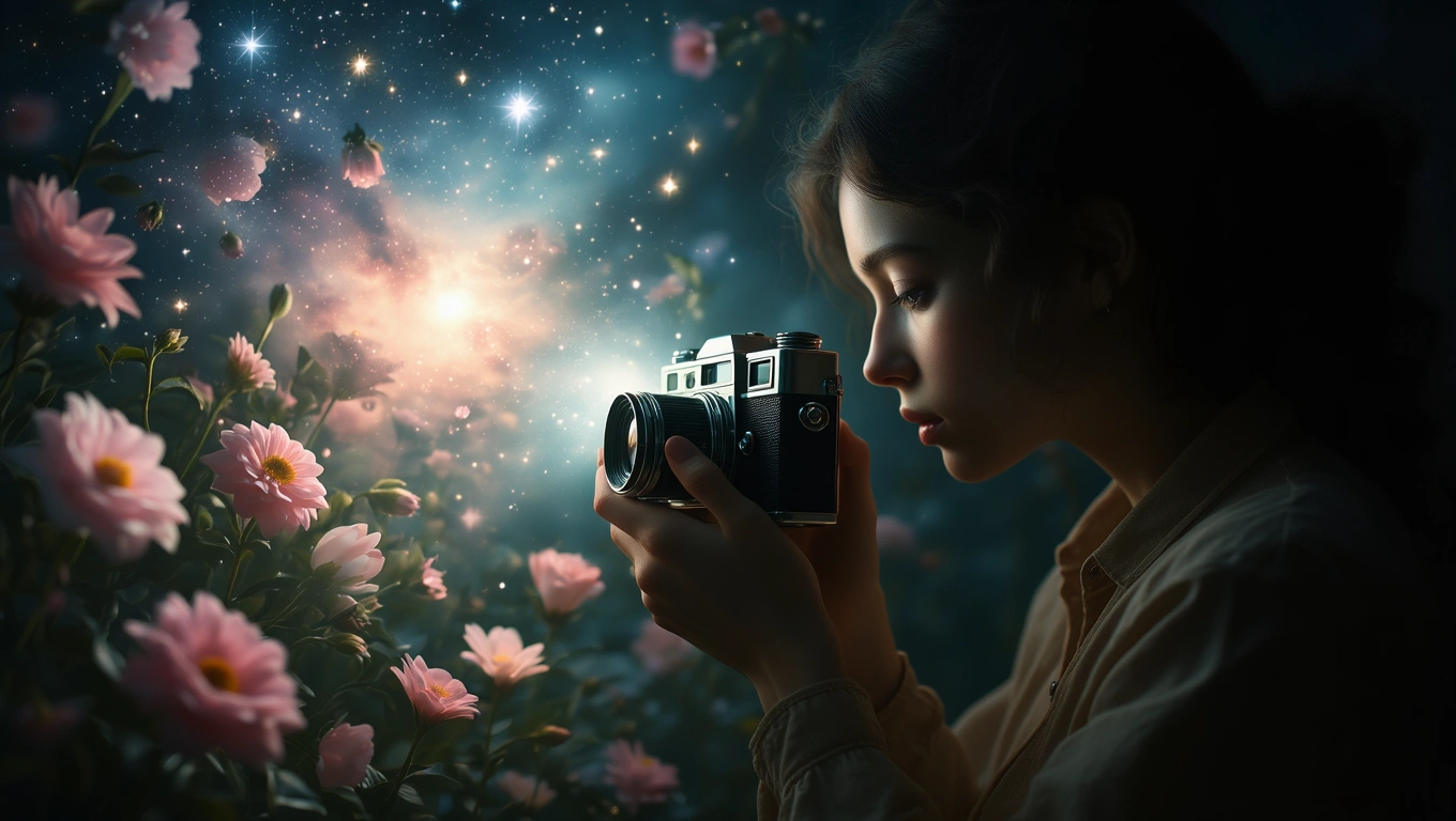 Mit jelent vakuval álmodni? – Részletes álomfejtés és értelmezés Egy fiatal nő fényképezőgépet tart a kezében, virágok között állva.
