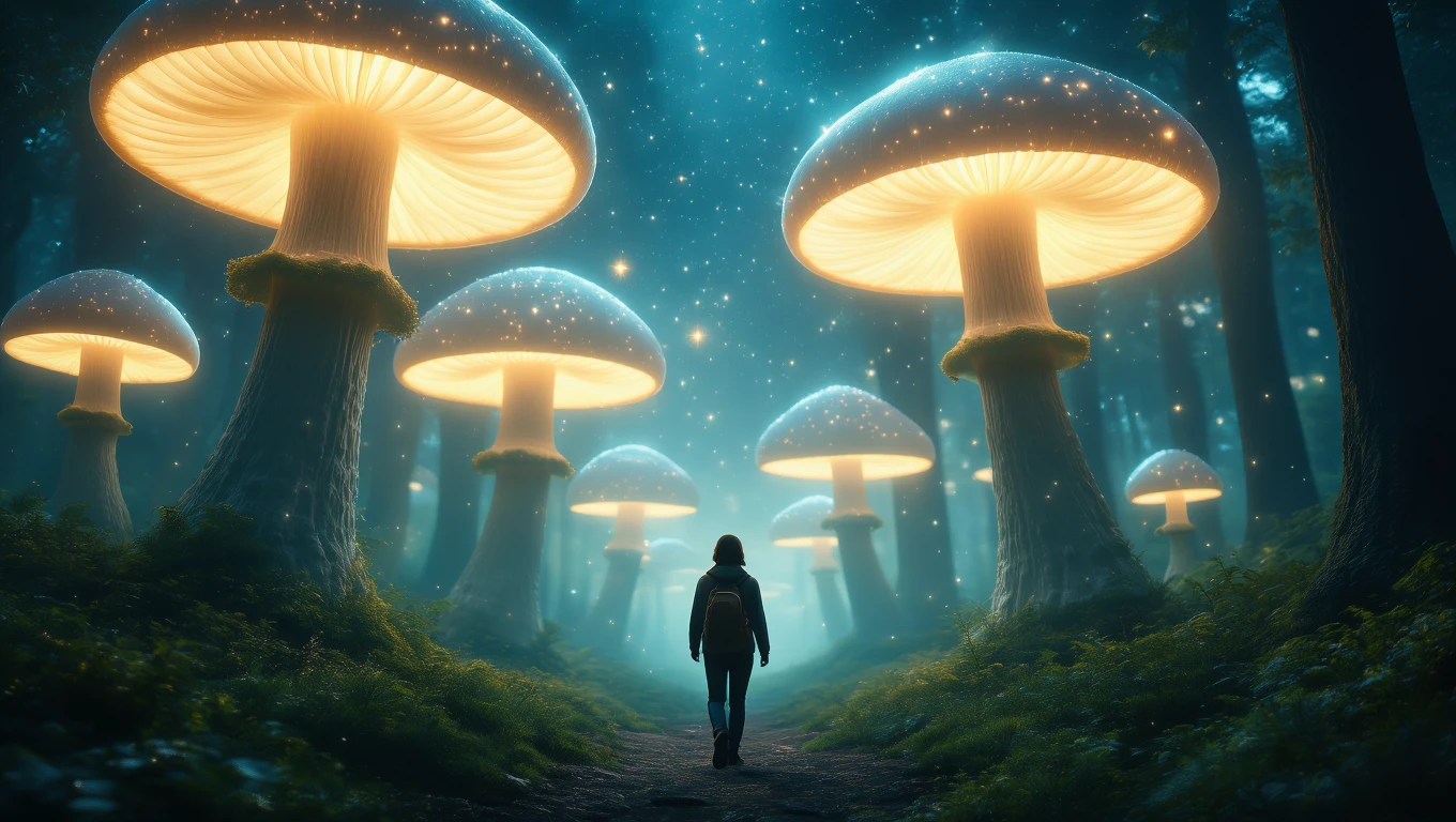 Mit jelent gombával álmodni? – Részletes álomfejtés és értelmezés Egy személy sétál egy varázslatos erdőben, ahol világító gombák állnak.