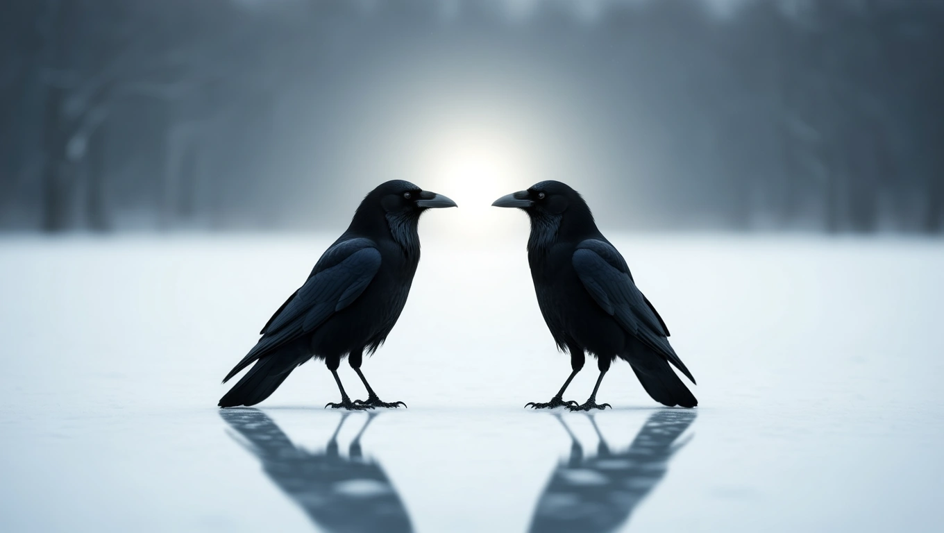 Két varjú áll egymással szemben egy havas tájon, háttérben derengő fény.